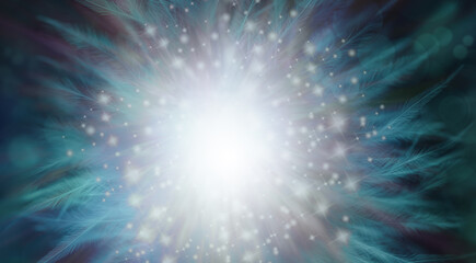 Shimmering sparkling spiritual feather background - bright white glitter center with jade green...
