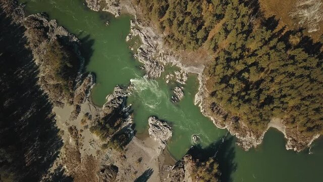 Aerial top view of the powerful flow of the mountain green river Katun. Chemal village, Altai Republic, Russia