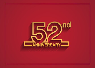 52 anniversary design with simple line style golden color isolated on red background
