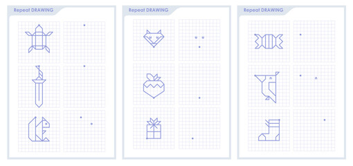 Connect dots with straight lines and draw icon. Logic game for kids on square paper. Repeat the image by example. Educational game for attention for children of kindergarten and preschool age.