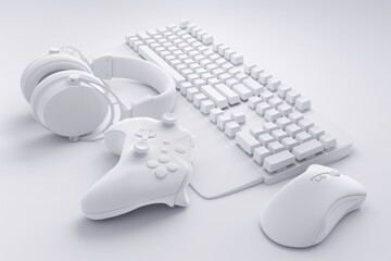 Top view of gamer workspace and gear like mouse, keyboard, joystick, headset © Vasyl Onyskiv