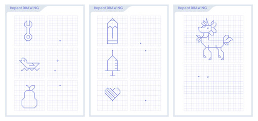 Repeat the image by example. Worksheet for children coloring book. Educational game for attention for children of kindergarten and preschool age. Connect dots with straight lines and draw icon.