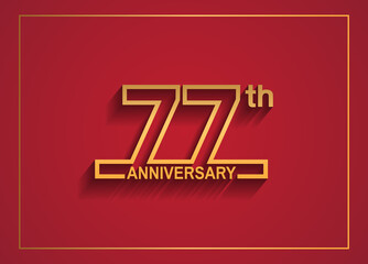 77 anniversary design with simple line style golden color isolated on red background