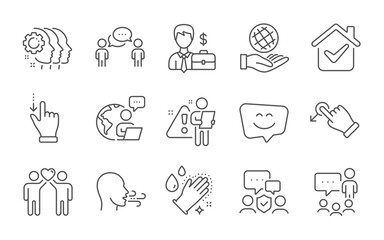 Businessman case, People chatting and Employees teamwork line icons set. Smile face, Drag drop and Washing hands signs. Security agency, Consulting business and Breathing exercise symbols. Vector
