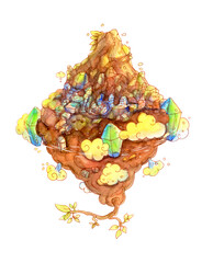 Flying Crystals Island. Watercolor illustration.