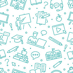 Online education seamless pattern. Vector background included line icons as laptop, student, personal study outline pictogram for school, colledge, university trainig. Editable Stroke