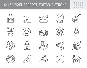 Cat litter line icons. Vector illustration include icon - sandbox, kitty tray filter, bag, biodegradable, natural outline pictogram for animal toilet absorber. 64x64 Pixel Perfect, Editable Stroke