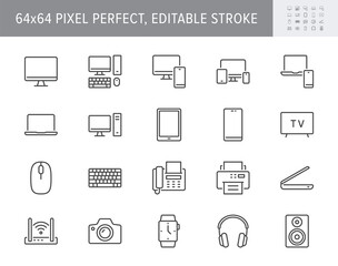 Technology line icons. Vector illustration include icon - computer, monitor, laptop, cellphone, router, fax, scanner outline pictogram for electronic equipment. 64x64 Pixel Perfect, Editable Stroke