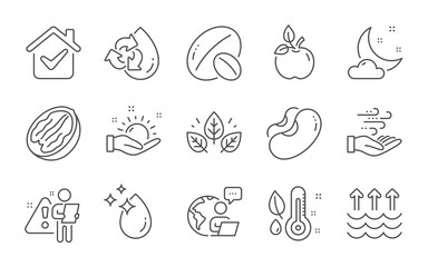 Wind energy, Beans and Thermometer line icons set. Night weather, Organic tested and Recycle water signs. Pecan nut, Eco food and Evaporation symbols. Water drop, Sunny weather and Soy nut. Vector