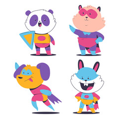 Cute superhero animals in cloak and mask vector cartoon set isolated on a white background.