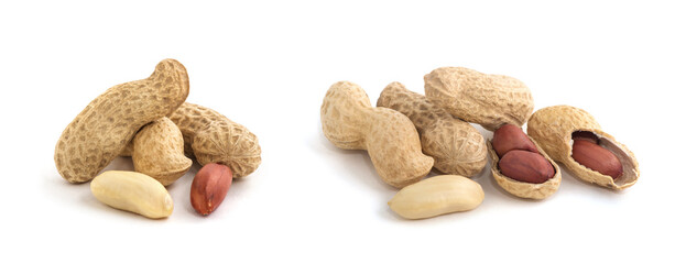 Dried peanuts on the white background.