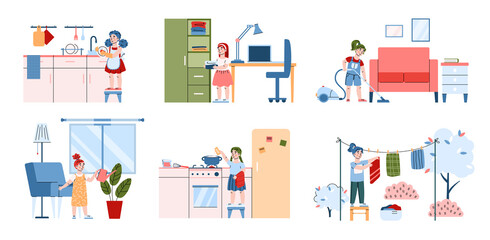 Kid girl busy with housework - home clean, washing dishes, watering plants, cooking and vacuuming. Set of cartoon child characters doing household. Flat vector illustrations.