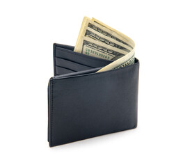 Purse with money on white background