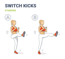 Switch Kicks Female Home Workout Exercise Guidance. Athletic Girl Doing Kicks Switching Legs Routine Concept.