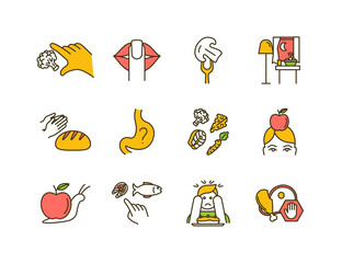 Conscious nutrition RGB color icons set. Promoting health habits. Taking small bites. Uncontrolled eating. Appreciation for food. Body weight control. Eating mindfully. Isolated vector illustrations