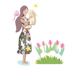 Beautiful girl in festive dress standing with cute bunny with tulips around. Festive spring illustration can be used for Easter design templates.