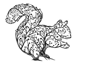 Sitzendes Eichhörnchen Illustration. Abstrakte Zeichnung aus Ästen und Blättern.
