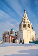 Ancient temple and bell tower on the Cathedral square of winter Kolomna
