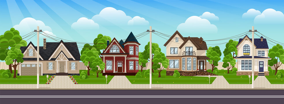 Residential Houses. Suburban village flat design cityscape. Colorful houses in suburb neighborhood. Green park landscape with grass, trees, flowers and clouds.
