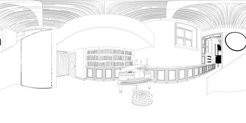 Fototapeta premium spherical panorama of the interior, contour visualization, 3D illustration, sketch, outline