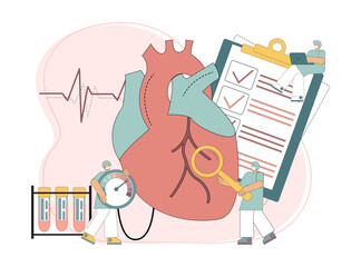 Cardiology concept. Heart treatment. Disease of hypertension. Heart failure. Diagnosing the disease. Doctors do a heart exam. Flat vector illustration.