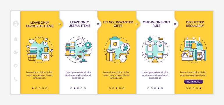 Decluttering advices onboarding vector template. Freeing up storage space in house. Declutter regularly. Responsive mobile website with icons. Webpage walkthrough step screens. RGB color concept