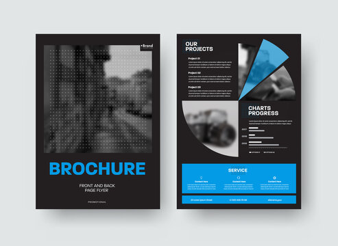 Brochure template with place for photo, round inserts, presentation of vector creative design on black background, front, back.