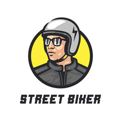 A man in a white helmet. Street biker logo template.