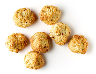 Oat flake cookies isolated on white background, from above