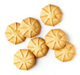 Butter cookies isolated on white background, from above