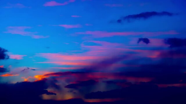 sunset clouds hyperspeed from clear blue sky to dark puffy clouds morphing into orange red purple pink violet glowing colours colors of awesome visual stunning movements of heavenly awesomeness 2-3