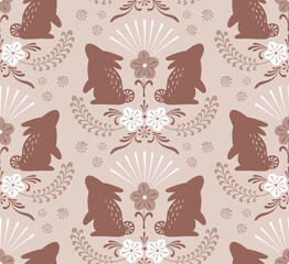 Easter Chocolate Bunny vector seamless pattern. Symmetrical folk art illustration of spring rabbit in florals for textile or wrapping surface. Happy Easter ornament for Christian spring holidays.