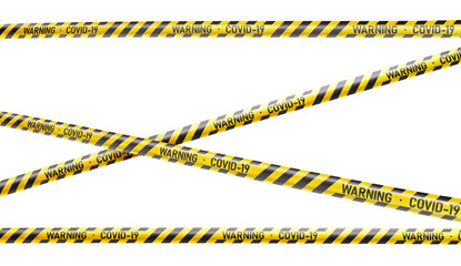 Covid-19 caution and danger zone barrier tapes. Coronavirus hazard, social distancing warning tapes borders set isolated on white background. Do not cross yellow black quarantine ribbons line striped