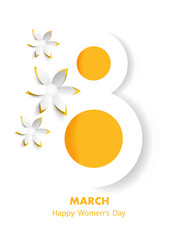 Banner for the International Women's Day. Greeting card for 8 March with the decor of flowers.Number 8 in the style of cut paper with a yellow spring flowers.For brochures, postcards, ticket, banners.