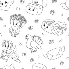 Colored seamless pattern. Valentine's Day. Cartoon style. Hand drawn. Vector illustration isolated on white background.