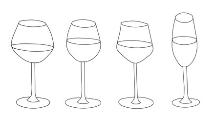 Doodle cartoon hipster style black and white vector illustration collection set. Variety of red pink rose white wine glasses. Bar restaurant menu ads, poster or card, fabric textile wallpaper design.