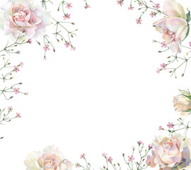 The watercolor frame of pink roses and wild rose flowers on white background . For congratulations, anniversary, birthday, wedding, invitations