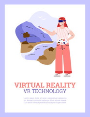 Virtual reality technology banner design with woman in VR glasses painting in augmented reality creative game, cartoon vector illustration on white background.