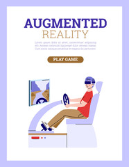 Young man in vr glasses play or learning to drive car in virtual augmented reality. Racing video game simulator, entertainment or training program. Vector poster with text.
