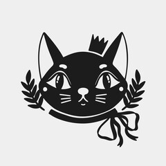 Cat face animal in a crown and with a bow on the neck .Silhouette black logo isolated in white background.Whisker cute kitten sign.
