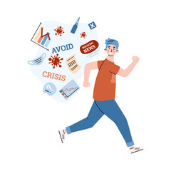 Upset man running off information about pandemic and crisis, cartoon vector illustration isolated on white background. Information overload and stress of disturbing news.