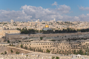Fototapeta na wymiar Panoramic view to Jerusalem old city from the Mount of Olives, Israel.