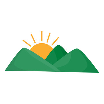 Sunset, The Sun Goes Down Over The Green Hills. Vector Illustration. Isolated On A White Background