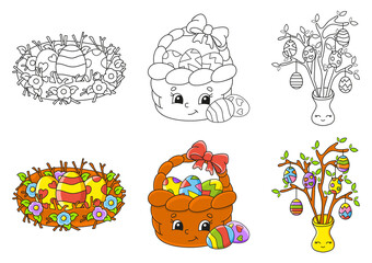 Easter theme. Set coloring page for kids. Cute cartoon characters. Black stroke. With sample. Vector illustration.
