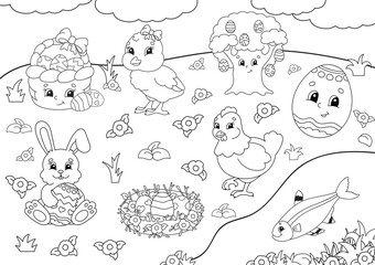 Obraz premium Coloring book for kids. Easter clipart. Cheerful characters. Vector illustration. Cute cartoon style. Black contour silhouette. Isolated on white background.