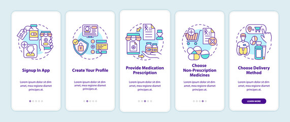 Online medication order steps onboarding mobile app page screen with concepts. Signup in app walkthrough 5 steps graphic instructions. UI vector template with RGB color illustrations