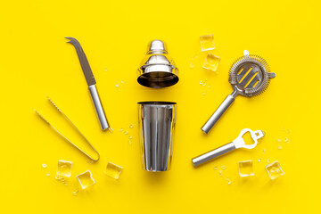 Cocktail bar utensils and tools with shaker, strainer and ice