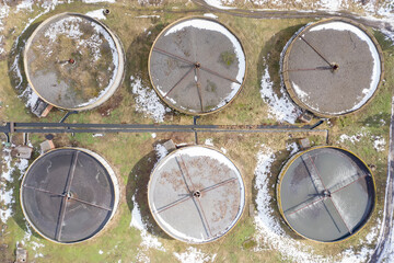 Wastewater plant, aerial view. Cleaning, purification and filtration of sewage water