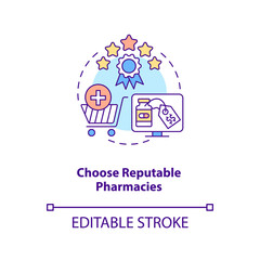 Choose reputable pharmacies concept icon. Getting medicines from home idea thin line illustration. Buying medicine online tips. Vector isolated outline RGB color drawing. Editable stroke