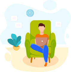 Man working online home office sitting in armchair